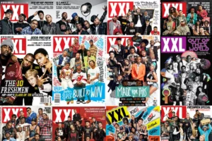 多張嘻哈雜誌封面拼貼，呈現多年 Freshman Class 封面合集與嘻哈文化演變